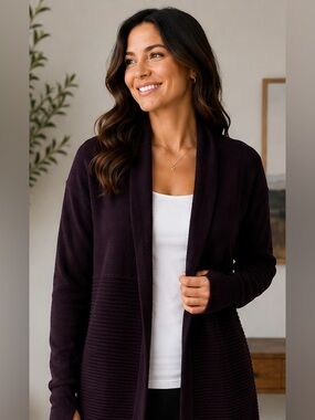 Lululemon Merino Wool Open Front Cardigan Sweater Size 6 Dark Plum Ribbed Long